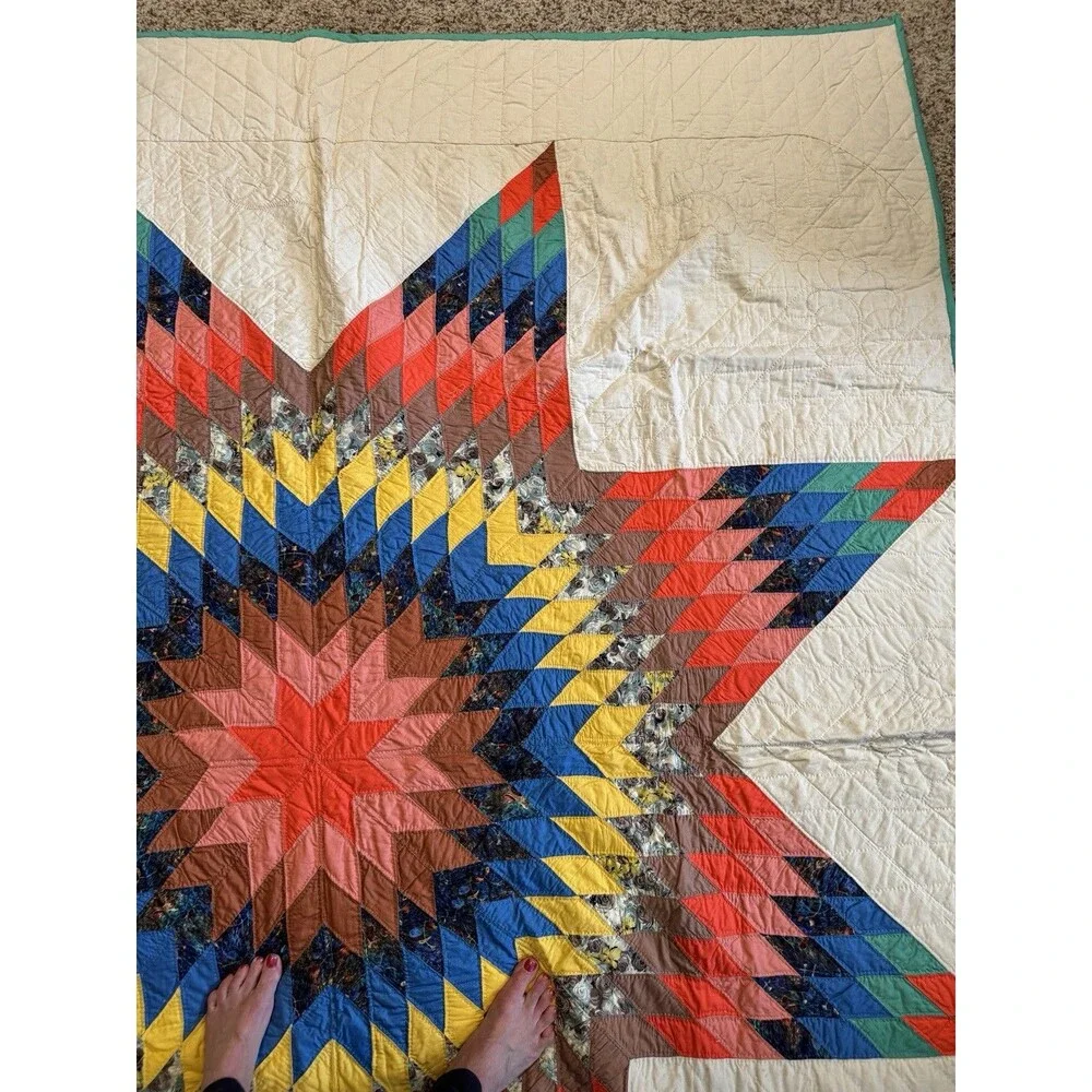 Vintage Handmade Lone Star Scrap Quilt Large Center Medallion Teal Border